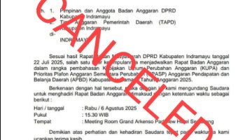 Surat Undangan Prihal Rapat Badan Anggaran DPRD Indramayu di Luar Kota Dibatalkan
